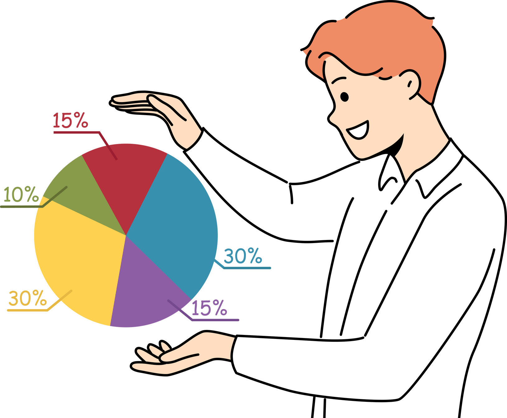 Man Corporate Analyst Looks at Diagram and Smiles, Seeing Great Diversification of Business. Analyst Guy Carried Out Statistical Research Is Satisfied with Results and Achievements of Company